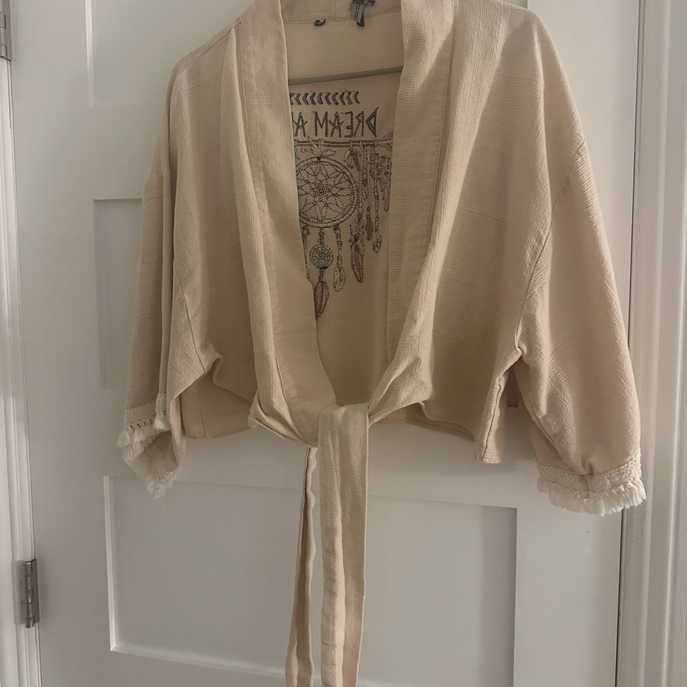 Cream Tie-Front Kimono Cardigan